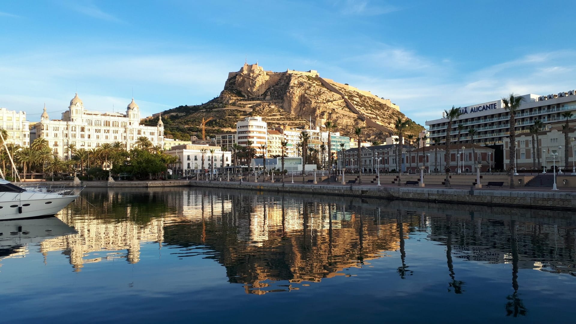 Aerial view of Alicante old town, marina and coastline